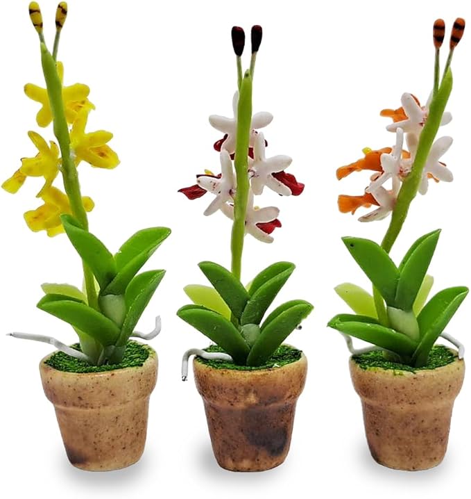 WitnyStore Tiny 2" High 3 Pieces Set Yellow Red Orange Orchid - Hand Made Artificial Flowers Colorful Miniature Realistic Modelling Clay Flower Plant Pot Blooming House Plants Home Indoor Decoration