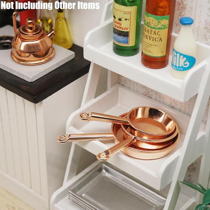 Odoria Dollhouse Frying Pan Miniature: 1/12 Scale Skillet Cookware for Kitchen Restaurant - Mini Kitchenware Cooking Utensils Metal Copper 3Pcs