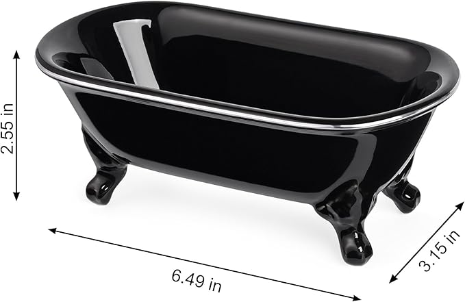 NEWHENGS 6.5" Ceramic Mini Decorative Clawfoot Bathtub Bar Soap Dish, Kitchen Sponge Holder and Shower Tray for Bathroom, 1 Pack (Black Silver Rim)