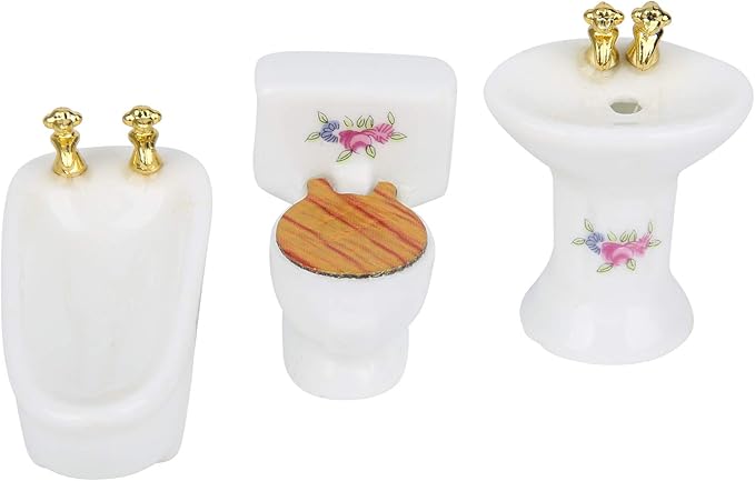 Aqur2020 1:24 Dollhouse Bathroom Set, Simulation Ceramic Bathtub Toilet Sink Kit with Metal Chain and Wood Lid for Miniature Dollhouse Bathroom Scene Decor (Rose)