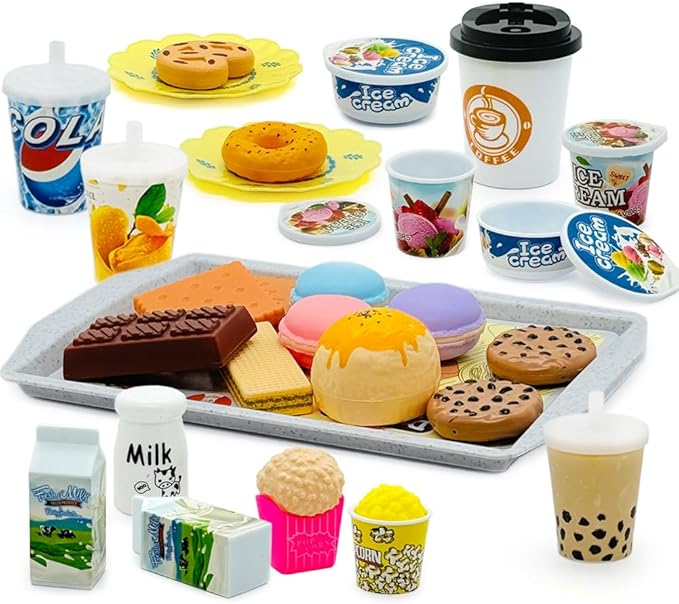 Pretend Play Kitchen Mini Foods Set for Kids Hamburger Fries Noodles Drink with Tray Playset,Play House Kitchen Accessories Role Toys Birthday Gifts for Boys Girls 3 4 5 Yrs (29Pcs Dessert Drinks)