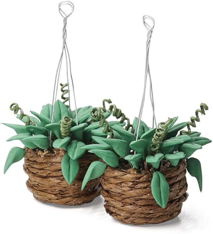 Odoria 1/12 Miniature Hanging Plants Mini Tiny Potted Plant Miniatures Dollhouse Decoration Accessories Doll House Accessory, 2Pcs Dark Green