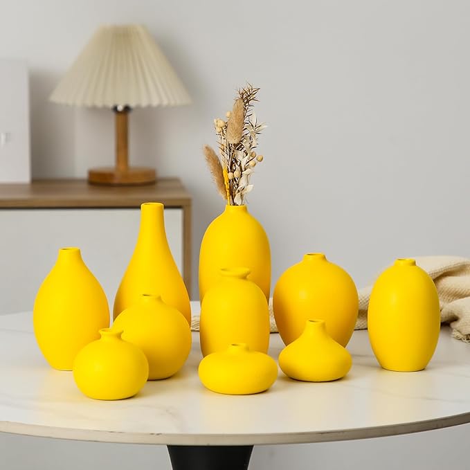 Ceramic Bud Vase Set of 10 - Yellow mini Bud Vases in Bulk Dining Table Centerpieces, Cute Bulk Small Flower Vase for Pampas Grass&Single Flower Decor, Ideal Wedding Window Sill Aesthetic Desk Decor