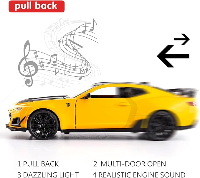 BDTCTK 1/24 Camaro Bumblebee Car Model Toy Zinc Alloy Casting Pull Back Car Sound and Light Toys for Kids Boy Girl Gift (Yellow)