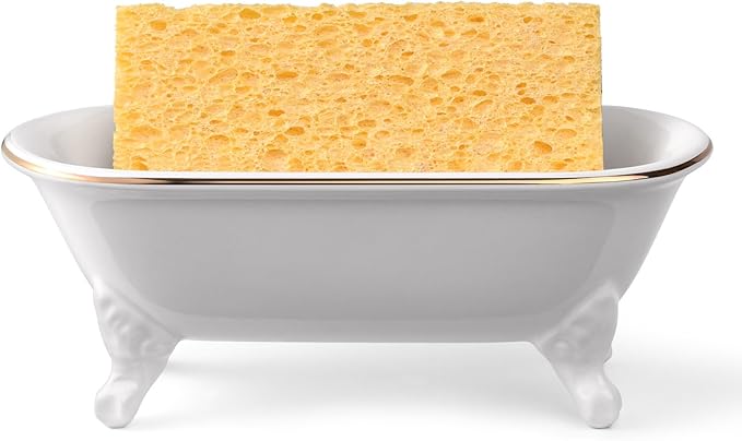 NEWHENGS 6.5" Ceramic Mini Decorative Clawfoot Bathtub Bar Soap Dish, Kitchen Sponge Holder and Shower Tray for Bathroom, 1 Pack (White Gold Rim)
