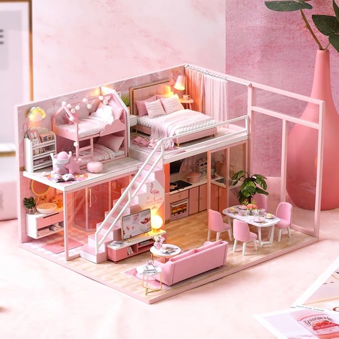 TuKIIE DIY Miniature Dollhouse Kit with Furniture, 1:24 Scale Creative Room Mini Wooden Christmas Doll House Accessories Plus Dust Proof & Music Movement for Kids Teens Adults(Meeting Your Sweet)