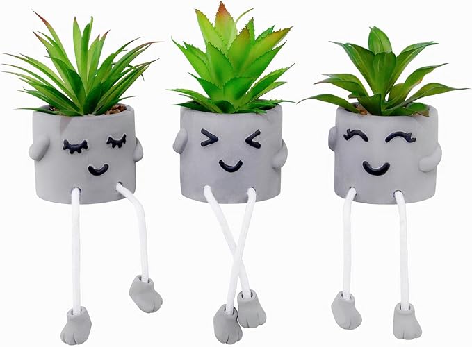 LUZOGA Creative Artificial Succulent Plants with Gray Pots Mini Potted Succulents Cute Fake Plants Succulents with Hanging Leg & Emotional Cement for Home Office Desk Decor and Gift Choice