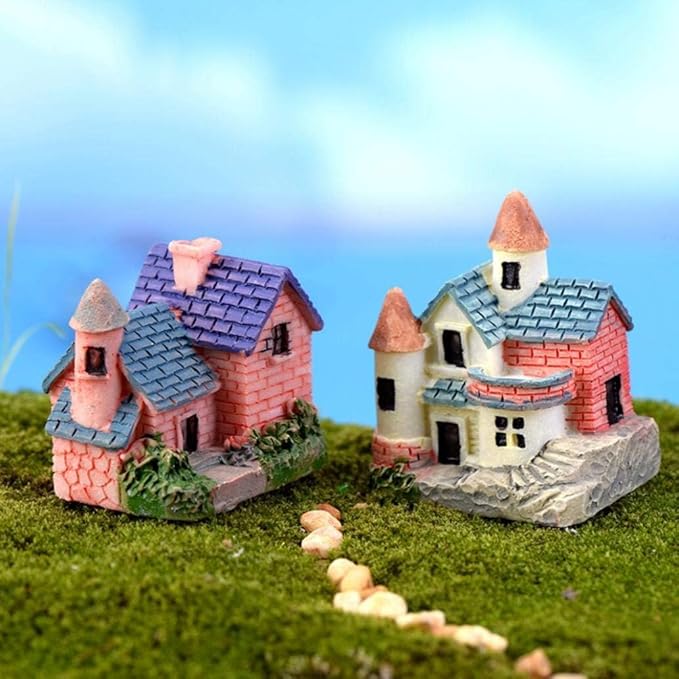 2 Pack Miniature Resin Fairy Castle Houses - DIY Mini Fairy Garden Ornaments for Dollhouse, Bonsai, and Micro Landscape | Fairy Tale House Figurines for Home, Yard, Desk,and Outdoor Garden Decorations