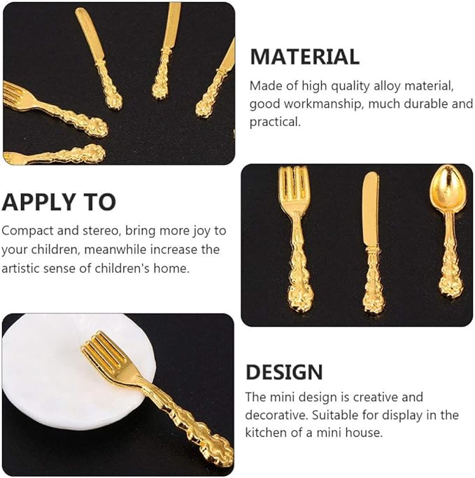 Kisangel Miniature Dollhouse Tableware Ornament 36Pcs Alloy Micro Cutlery Set Decorative Mini Dinner Accessories for Fairy House Display