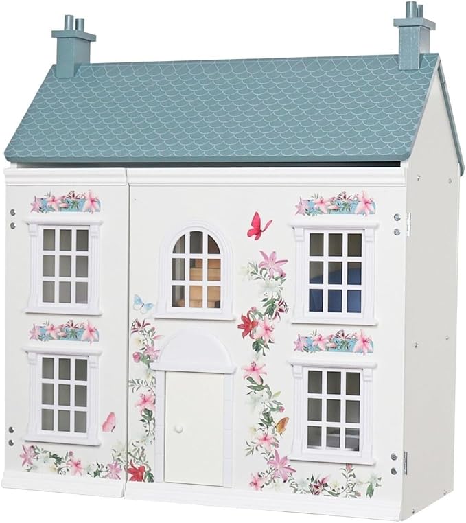 Doll House, 3-Story Wooden Cottage Dollhouse Playset w/Double-Sided Roofs, Accessories & Furniture, Pretend Play Toddler Big Doll House, Gift for Kids Aged 3+ (White)