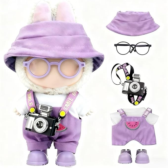 17cm Clothes Set(NO Doll), Hat & Overalls & Shirt & Shoes & Glasses & Camera Set for 17cm Accessories Suit, Stylish Dolls Clothes Accessories, Cute Clothes for Dress up Unique Style (Purple)