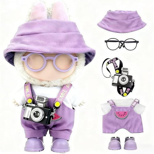17cm Clothes Set(NO Doll), Hat & Overalls & Shirt & Shoes & Glasses & Camera Set for 17cm Accessories Suit, Stylish Dolls Clothes Accessories, Cute Clothes for Dress up Unique Style (Purple)