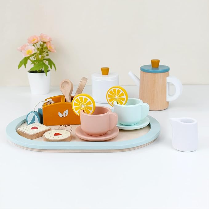 PairPear Wooden Tea Set for Little Girls, Wooden Toys Toddler Tea Set Play Kitchen Accessories for Kids Tea Party with Play Food