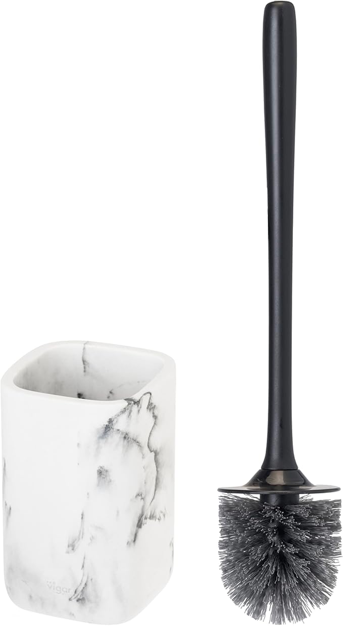 Vigar Zense Toilet Brush and Holder Set, Toilet Bowl Brush with Polyresin Stone Holder, Bathroom Sets for Bathroom Decor and Accessories, White Marble