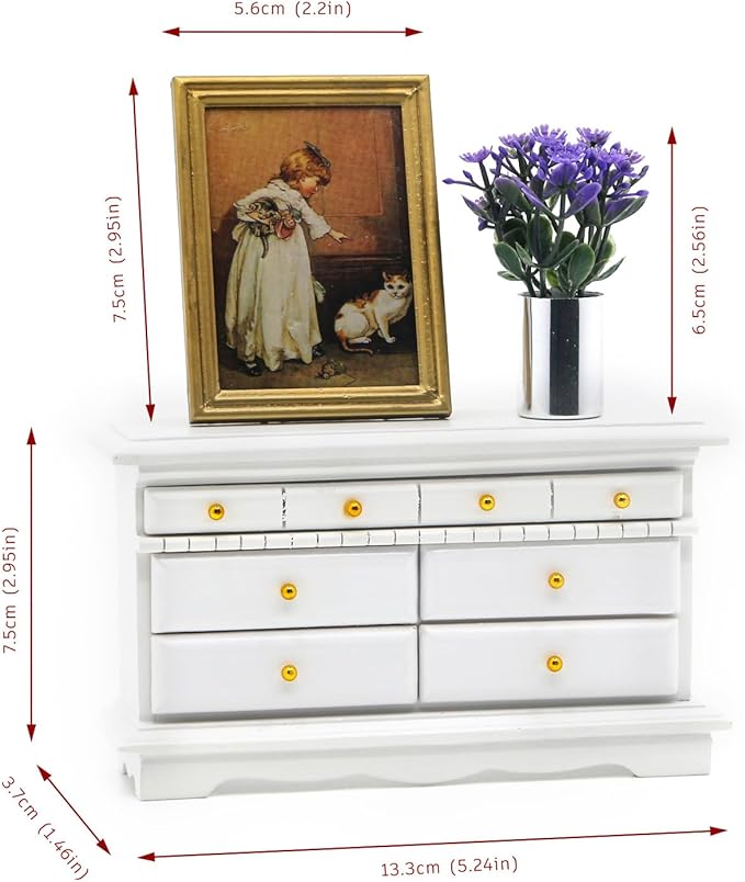 3Pcs 1:12 Dollhouse Side Cabinet Furniture Set, Wooden Miniature Wall Chest Cabinet with Drawers, Art Painting & Potted Plant, Cupboard Doll Accessories for Living Room,Kitchen Bedroom
