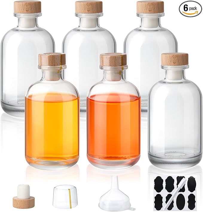 BPFY 6 Pack 8oz (250ml) Empty Glass Liquor Bottles with Lids, Heat Shrink Capsules, Whiskey Bottles for DIY Alcohol, Vodka, Reusable Glass Bottle with Caps