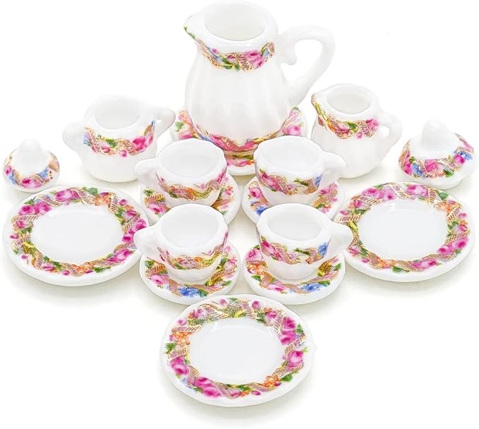 Odoria 1/12 Miniature Porcelain Tea Set 15Pcs Dollhouse Decoration Accessories, Wreath