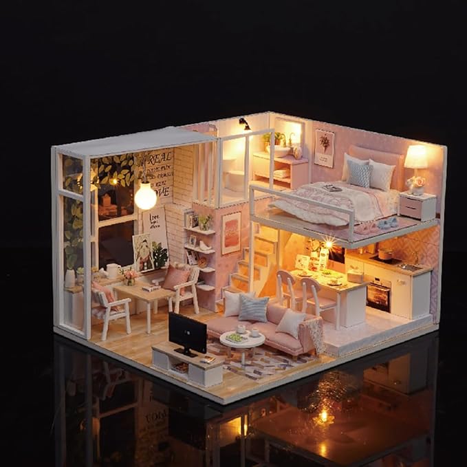 TuKIIE DIY Miniature Dollhouse Kit with Furniture, 1:24 Scale Creative Room Mini Wooden Christmas Doll House Accessories Plus Dust Proof & Music Movement for Kids Teens Adults(Tranquil Life)