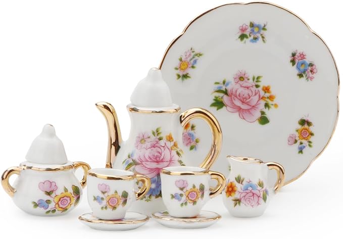 Cutemini 1:6 Scale Miniature Porcelain Dollhouse Tea Cup Sets 8PCS Flower Pattern Teapot Platter Dish Sets Dollhouse Kitchen Supplies Decoration (Light Pink)