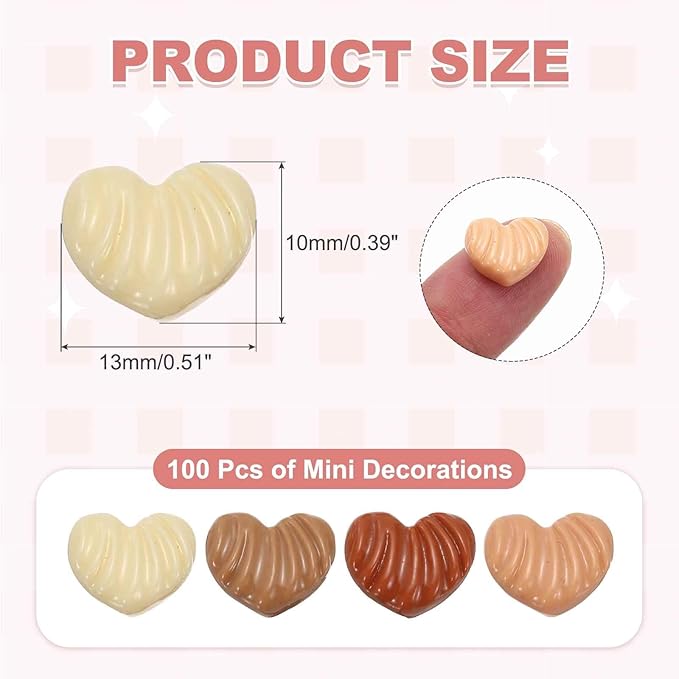 HEARTOOL Mini Cute Heart Chocolate Decor, Miniature Doll Food Crafts for Dollhouse & Landscape & Mini Kitchen & Micro Fairy Garden & DIY Craft Decorations(Chocolate Color, 100pcs)