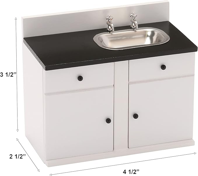 Dollhouse Kitchen Sink, Miniature Dolls House Cabinet, Countertop, White 1/12 Scale
