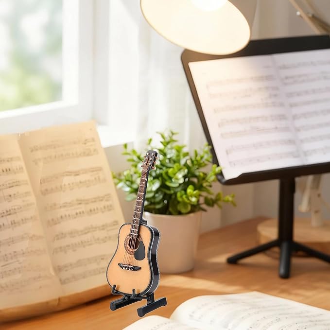 Miniature Guitar, 3.9x1.5x0.5in Guitar Model, Wooden Tiny Guitars Decorative Model with Guitars Shelf and Storage Box for Home, Office Decoration Display Ornament