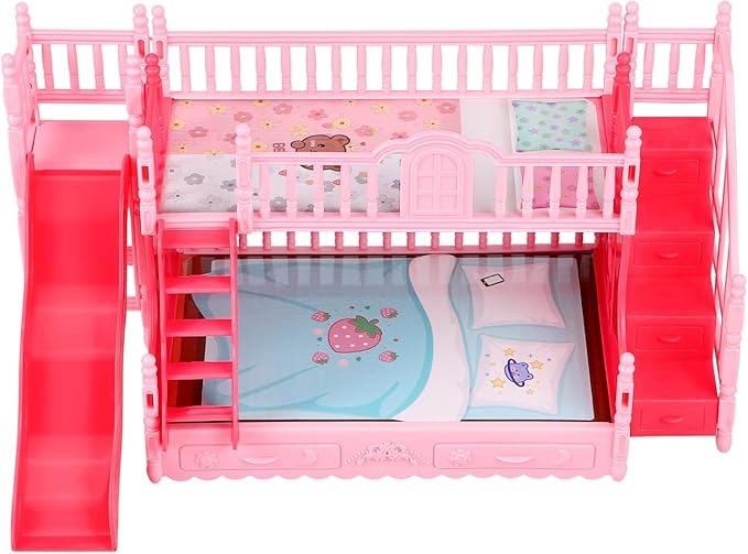 Angoily Dollhouse Bunk Beds, Miniature Doll Bunk Bed with Ladder Doll House Double Layered Furniture Accessory for Pretend Play Bedroom Decoration Compact Dollhouse Accessories Small Pink