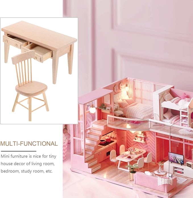 Wooden Dollhouse Furniture: Dolls Table & Chair Furniture Set Living Room Miniature Desk Chair for Mini House Accessories
