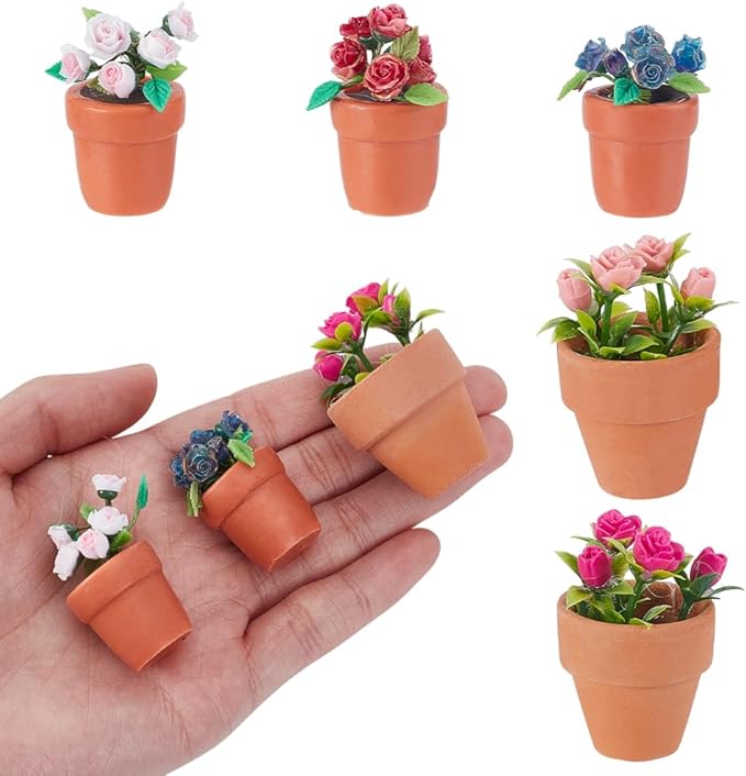 AHANDMAKER 5Pcs 5 Styles Miniature Plants Accessories 1:12 Mini Rose Pot, Garden Potted Model Micro Landscape Decoration for Mini House Tiny Fake Greenery Bonsai Ornament Crafts