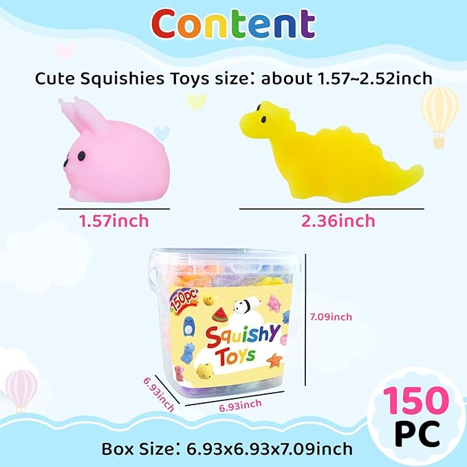 150 Pieces Kawaii Mini Animal Mochi Squishy Toys Party Favors for Kids 8-12 Fufu Bulk Squishy Slow Rising Sensory Fidget Toys for Classroom Prizes Set Christmas Pack Valentine Goodie Bags Easter Eggs