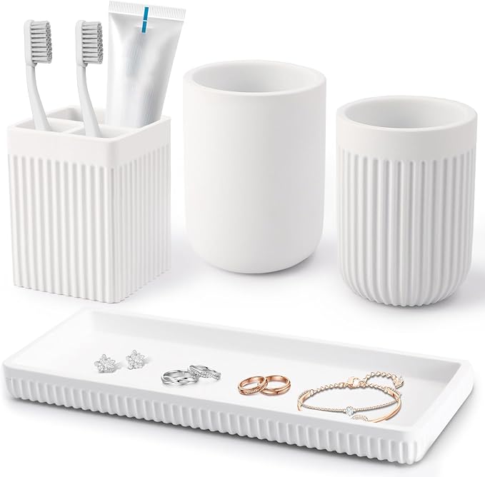 XLHOMO Resin Bathroom Toothbrush Holder Set, Matte White Bathroom Accessories Set 4 Pcs, Bathroom Tumbler Cup Tooth Brushing Cup Set with Tray, for Sink Countertop Modern Home Decor