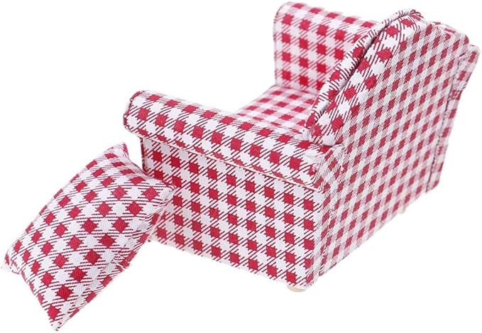 2 Sets 1:12 Scale DIY Dollhouse Sofa&Armchair with Pillow Mini Dolls House Furniture Couch&Chair Miniature Wooden Furniture Handmade Crafts Supplies Red Checkered Dollhouse Toy Dollhouse Accessories