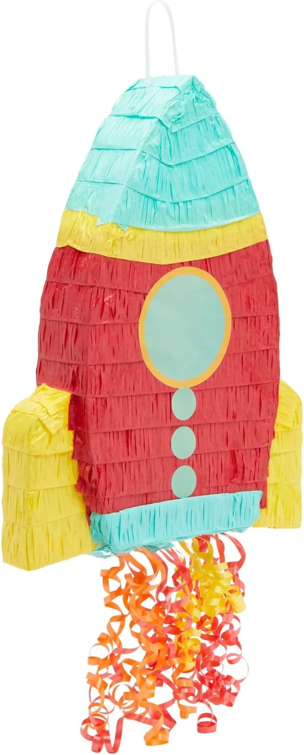 BLUE PANDA Rocket Ship Pull String Pinata for Space Birthday Decorations, Party Supplies & Outer Space Party Decor - 16.5 x 12.5 x 3 In, Red