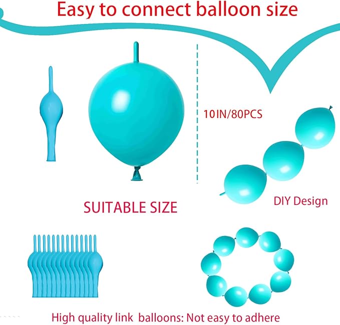 ADIDO EVA Link Balloons Teal Blue 10 Inch Latex Quick Linkale Balloon 80 Pcs for Birthday, Halloween, Christmas, Party Festival Decorations