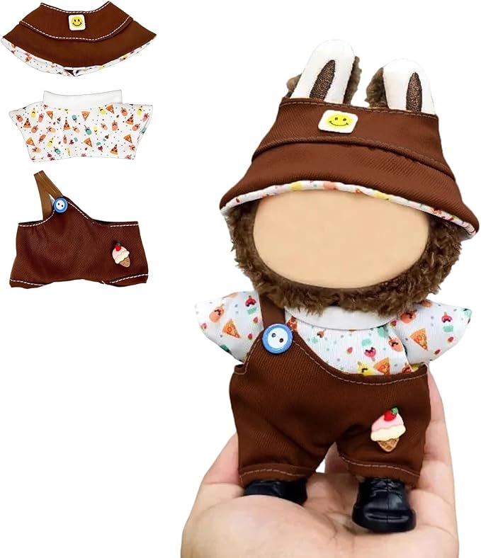 17cm Doll Clothes(NO Doll), Cute Dolls Outfit Accessories with Hat + Top + Suspenders Pants, Small Kawaii Clothes Set for Dolls(Style 15)