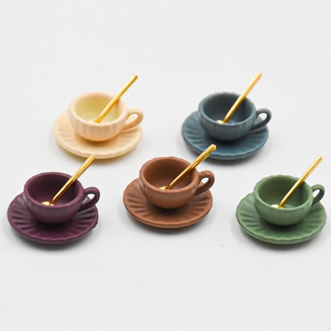 5 Set Dollhouse Miniature Coffee Cups Miniature Dollhouse Accessories 15 Pieces Mini Coffee Cup Plate Spoon for Mini Kitchen Accessories