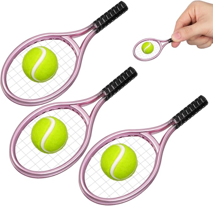 STOBOK Miniature Tennis Racket and Ball Set 3.54 Inch Dollhouse Sports Accessories for 1 12 Scale Decor Photography Props Mini Tennis Toy for Kids and Craft Projects