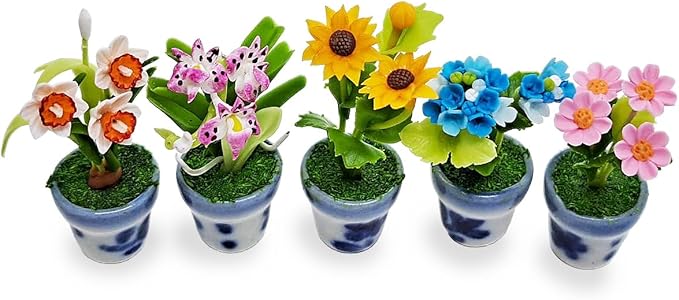 WitnyStore Tiny 1½" High 5 Pieces Set Mix Sunflower Orchid Hydrangea Zinnia - Hand Made Artificial Flowers Colorful Miniature Realistic Clay Flower Plant Pots Blooming House Plants Indoor Decoration