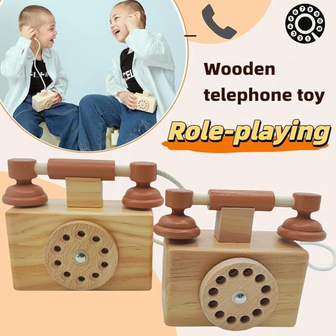 Ring Ring Telephone - Solid Wood Retro Chorded Dial Phone -1 pcs Toy Telephone-Pretend Play Toy Telephone -Role-Playing - Boost Communication Skills and Language Development - Age 3+ (1)