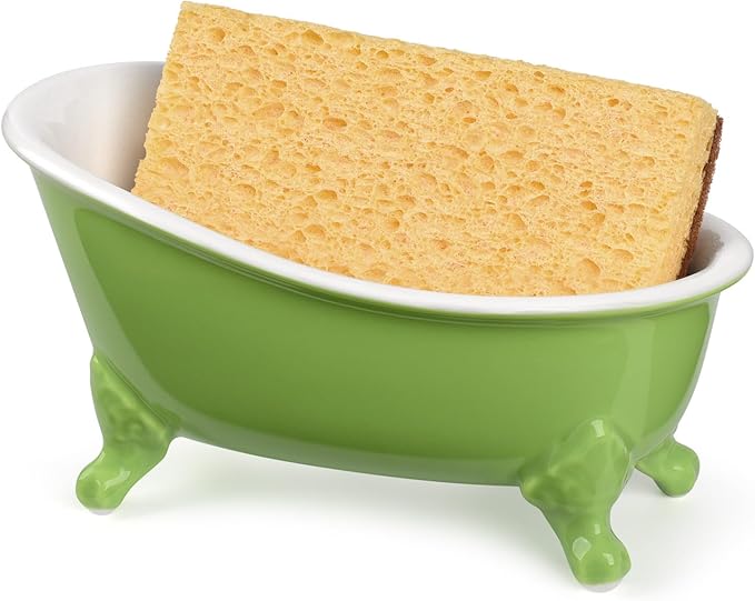 NEWHENGS 6.1" Vintage Ceramic Mini Decorative Clawfoot Bathtub Bar Soap Dish, Kitchen Sponge Holder and Shower Tray for Bathroom, 1 Pack (Lime)
