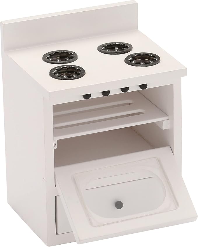 Wooden Dollhouse Kitchen Stove Cabinet, Miniature Dolls House Oven, Burners, Range, 1/12 Scale, White