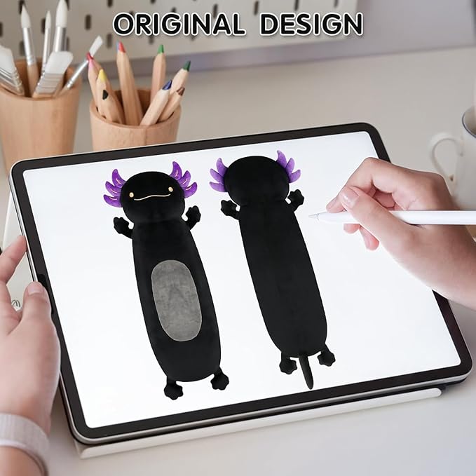 28 inch Black Axolotl Stuffed Animal, Cute Long Body Cuddle Squishy Pillow, Big Axolotl Plushies Toy Gifts for Kids, Boys for Birthday, Halloween, Christmas