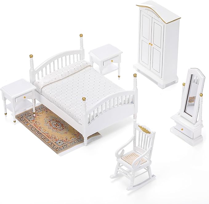 Skylety 7 Pcs Victorian Dollhouse Furniture 1: 12 Scale Dollhouse Bedroom Furniture Set for Adults Toys Miniature Doll House Accessories