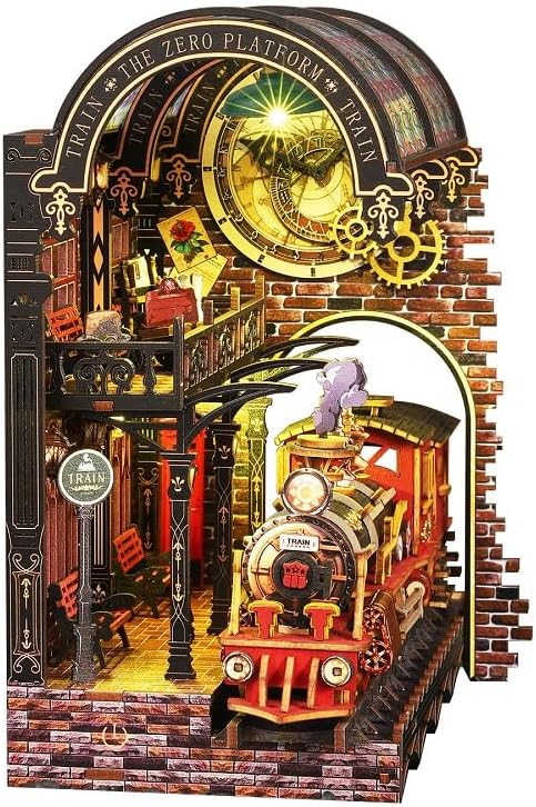 CUTEROOM Book Nook Kit for Adults, 3D Wooden Puzzle DIY Miniature Dollhouse Booknook Kit with LED Light, Tiny House Building Kit for Bookshelf Insert Decor -Zero Platform for Christmas Birthday Gift