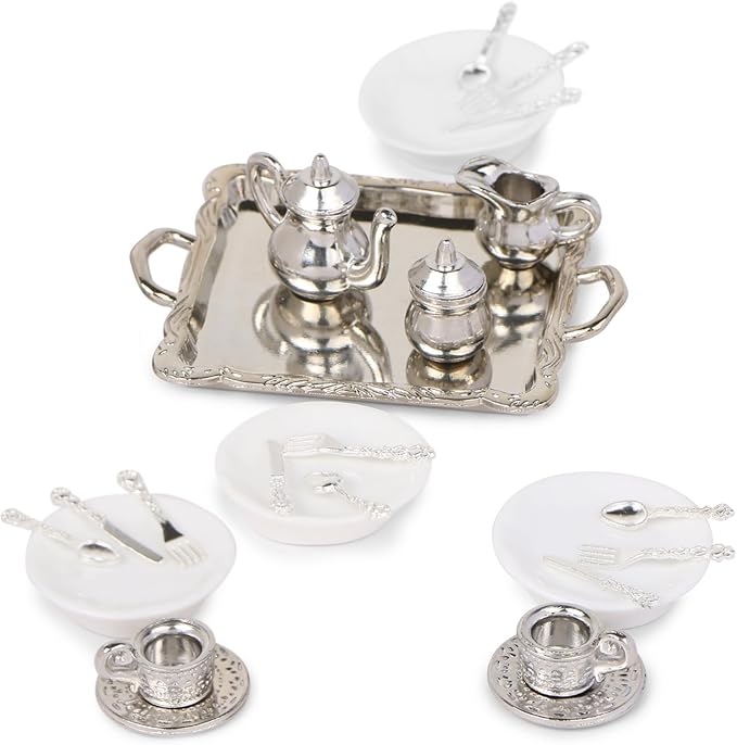 24 Pieces 1:12 Miniature Tea Set Metal Mini Teapot Tiny Tea Cup Mini Doll Plates Knife Fork Spoon Miniature Dollhouse Accessories for Dollhouse