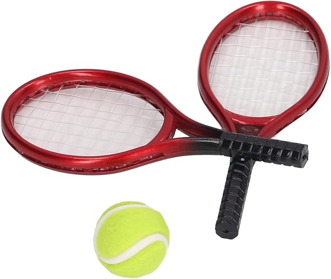 Aqur2020 1:12 Miniature Tennis Racket Set, Bright Colors, Vibrant Decoration, Dollhouse Tennis Racket Ball Set for Role Playing and Photo Prop, Not Easy to Fade or Damage. Plastic Material