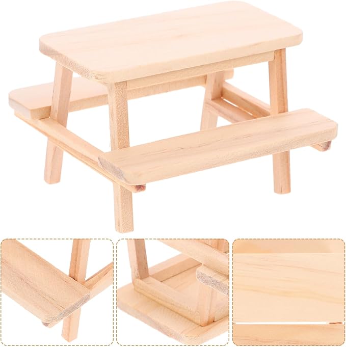 Dollhouse Furniture Mini Wooden Table Model 1:12 Doll House Picnic Table Chair Tiny House Decor Dining for Doll House Kitchen Accessories