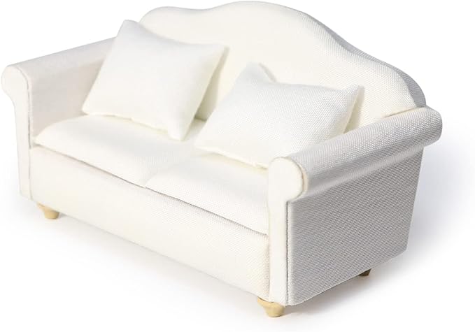 Dollhouse Couch Miniature Furniture Sofa with Pillows for Living Room Desktop Decoration Fabric Sofa Mini Home Scene Accessories Ornament (Double Sofa, White)