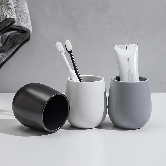 Black Ceramic Toothbrush Holder - 11Oz Small Bathroom Tooth Brushing Holders, Reusable Mouthwash Cup, Toothpaste Holder, Makeup Brush Holder, Pen Holder for Bathroom Countertop, 1PC