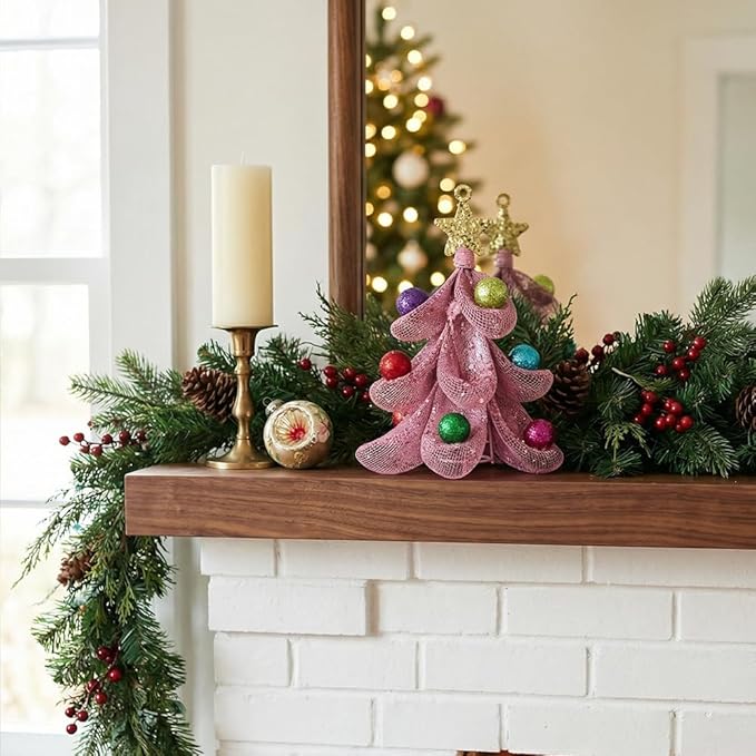 XMIAOX Mini Metal Christmas Tree, 5.9" Handcrafted Wire Mesh Tree Tabletop Hanging Ornament with Star Tree Topper & Colorful Glitter Balls, Sparkling Holiday Decoration for Desk, Shelf & Home Décor